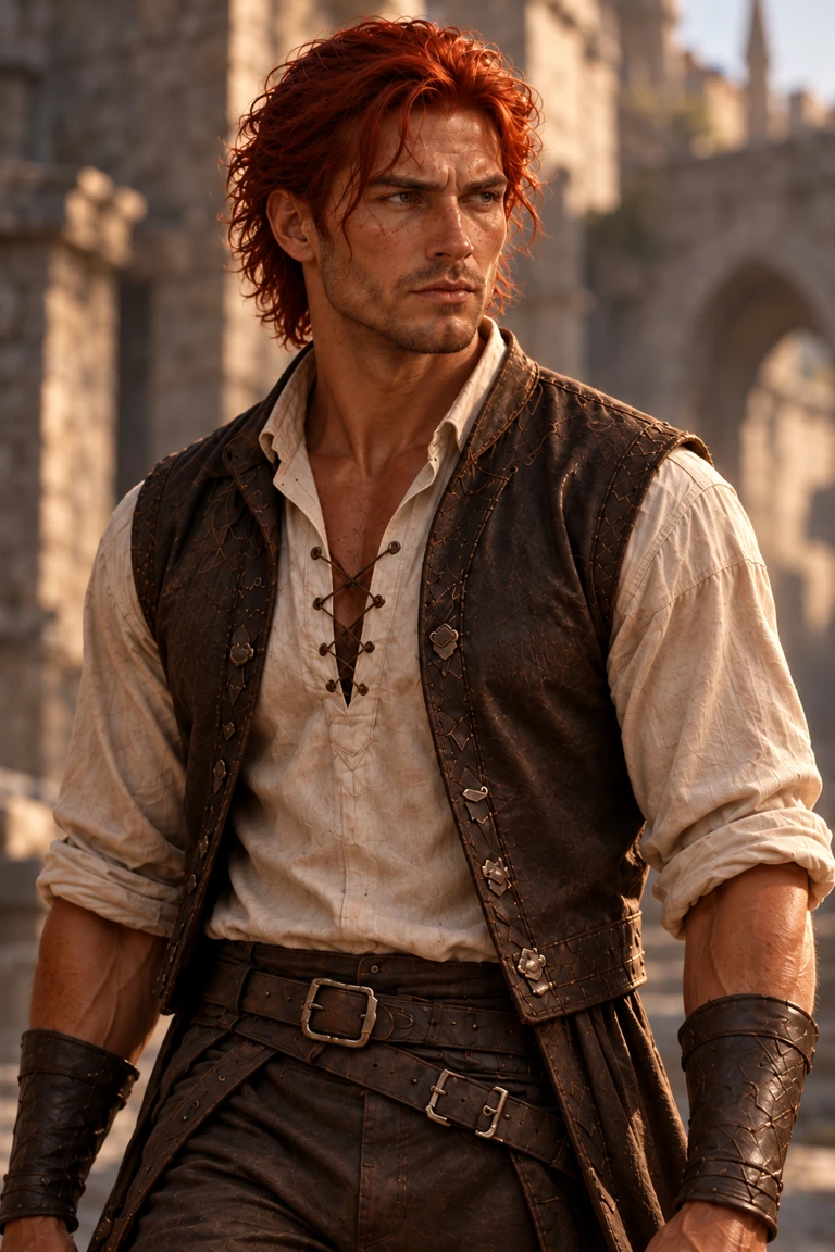 Alex with tousled copper-red hair, a cream linen shirt and worn brown leather vest