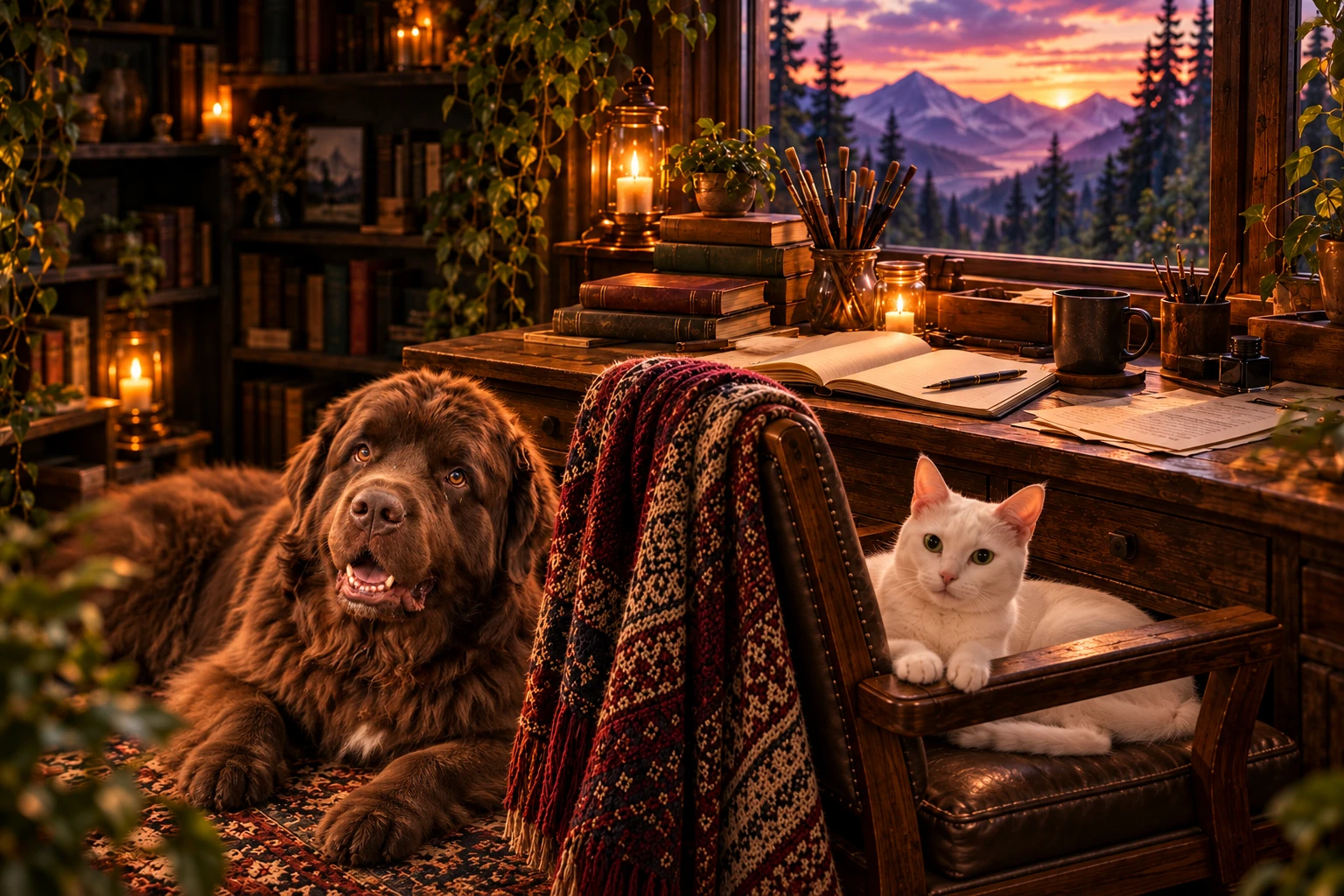 Illustrated writing study at dusk, with Onyx resting on the rug and Jewels lounging in the blanket-draped chair