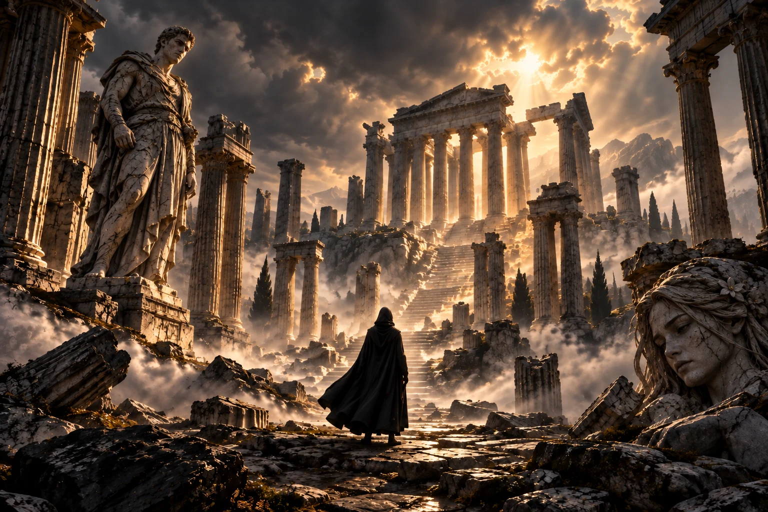 Divine ruins with a weathered Daemon statue and fallen Anastashia statue head