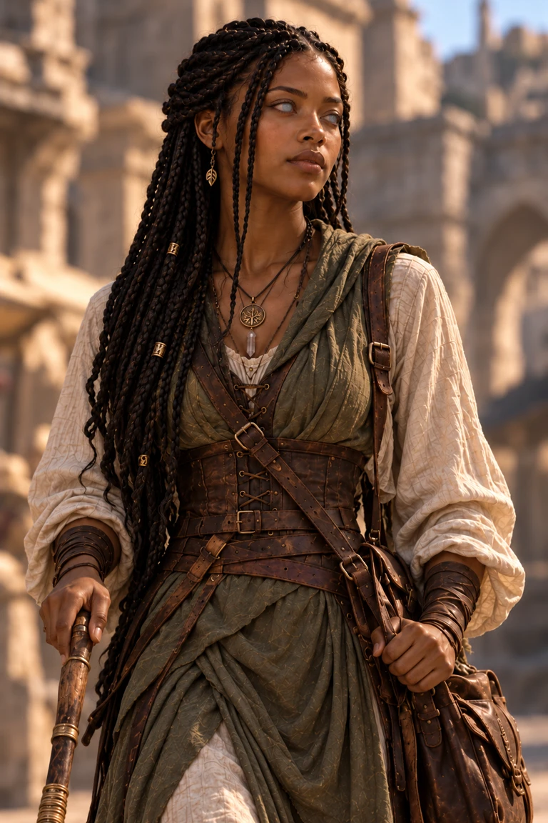 Cassie with long black braids, pale blue eyes, layered olive and cream clothing, and her wooden walking stick