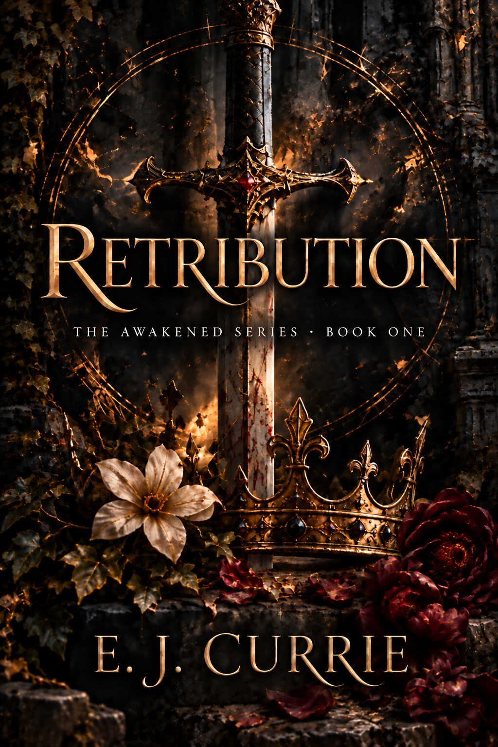 Retribution cover: a sword and crown with ivory and crimson flowers, by E. J. Currie