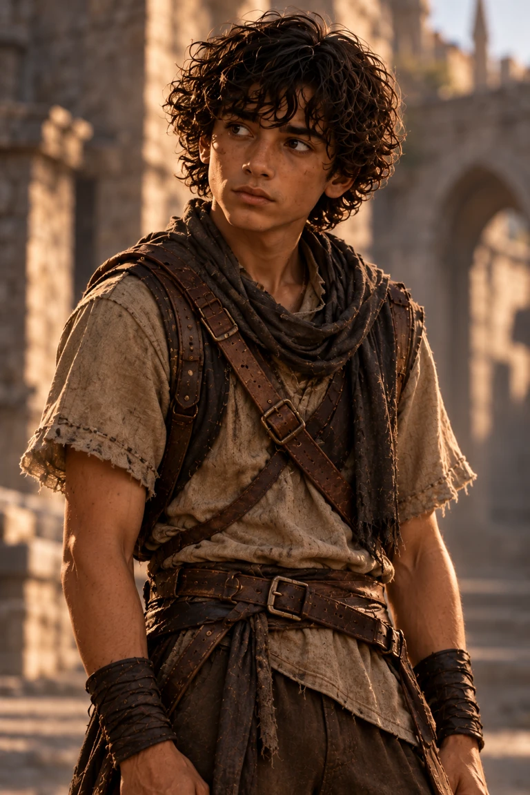 Laryn with tousled dark hair, a worn taupe tunic and dark scarf, looking sideways