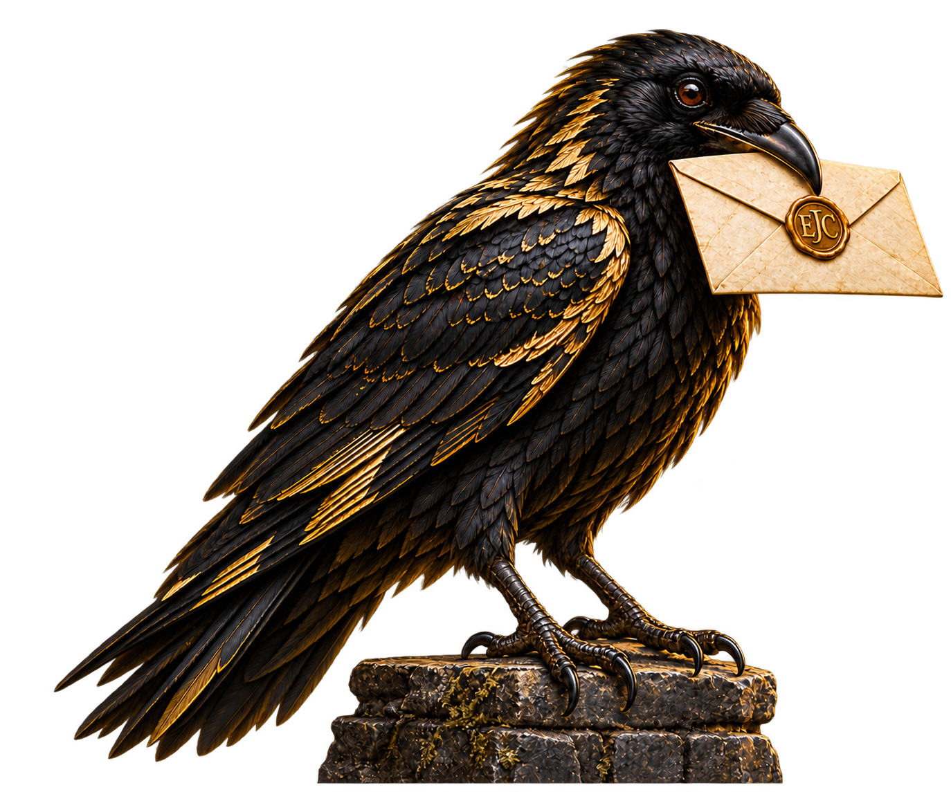 Black-and-gold Raven Messenger holding an ivory envelope in its beak