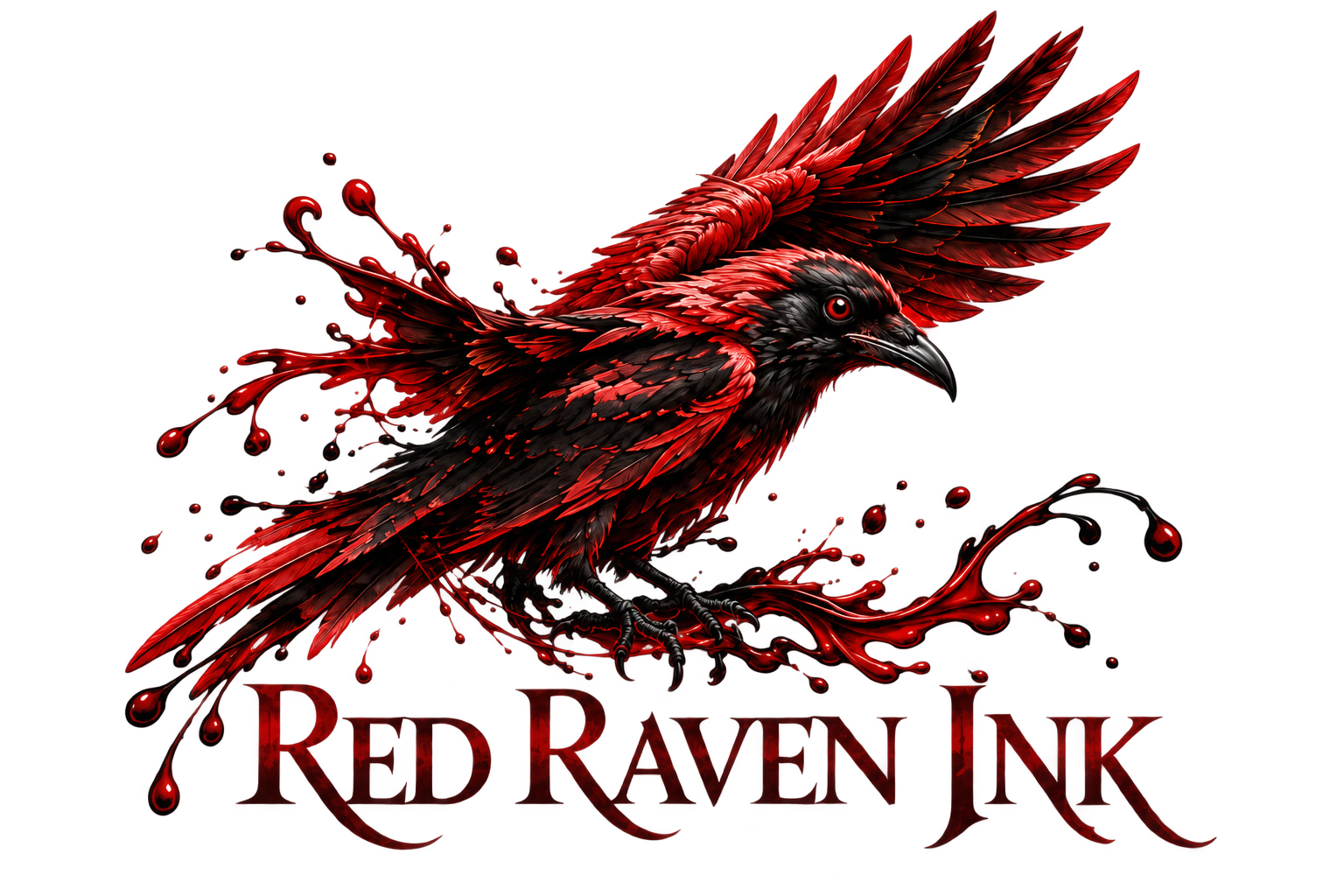 Red Raven Ink logo with a crimson-and-black raven and ink splashes